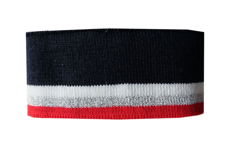 1 Strickbündchen, Collegebündchen in Marine mit Streifen in Rot/Silber/Weiß, 120 x 3,5 cm