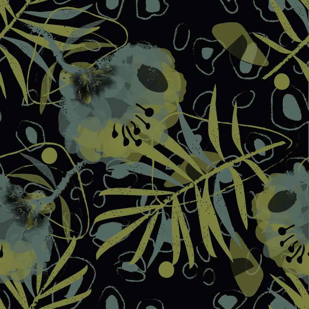 French Terry, Sommersweat, Blätter Senf Petrol auf Schwarz