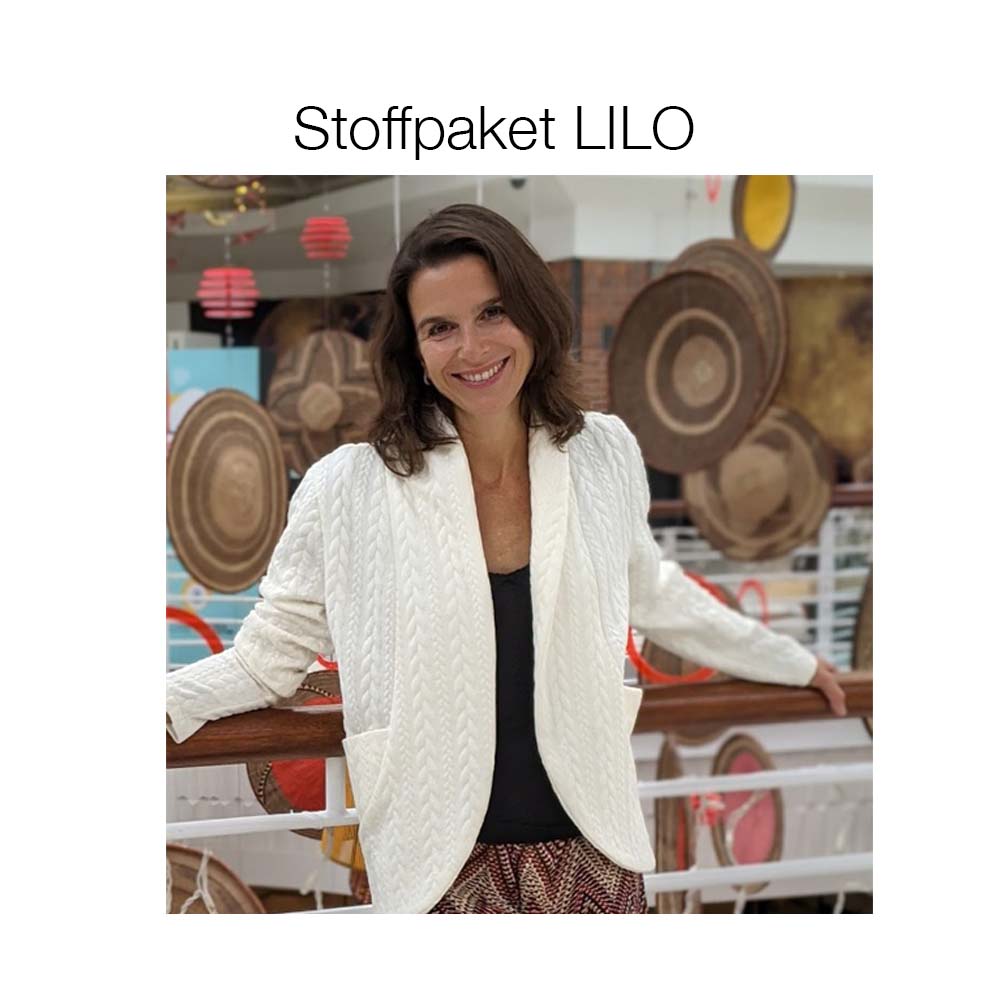 Stoffpaket Strickjacke LILO mit Zopfmuster in Ecru (2,20 Meter) und Papierschnittmuster Gr. 158 – Damengr. 46